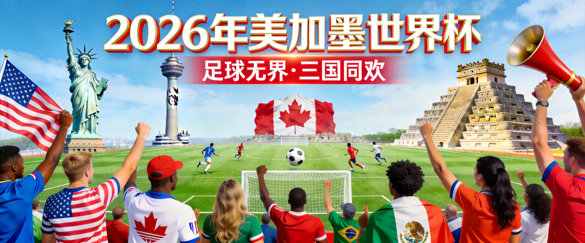 2026年美加墨世界杯宣传全景海报，展示三国标志性地标建筑、热情欢呼的球迷以及绿茵场上的足球元素