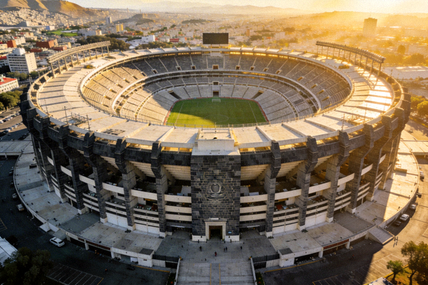 墨西哥城阿兹特克体育场外观，宏伟的圆形建筑结构，可容纳超过八万名观众，是历史悠久的足球圣地